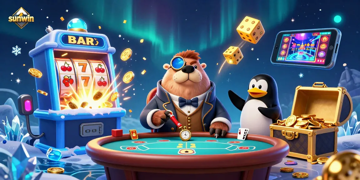 Sunwin's engaging scene featuring a walrus playing poker alongside a penguin dealer and pufferfish, showcasing rich casino elements.