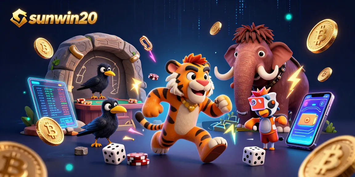 Win big at sunwin20 as a caveman scores with vibrant neon blockchain elements.