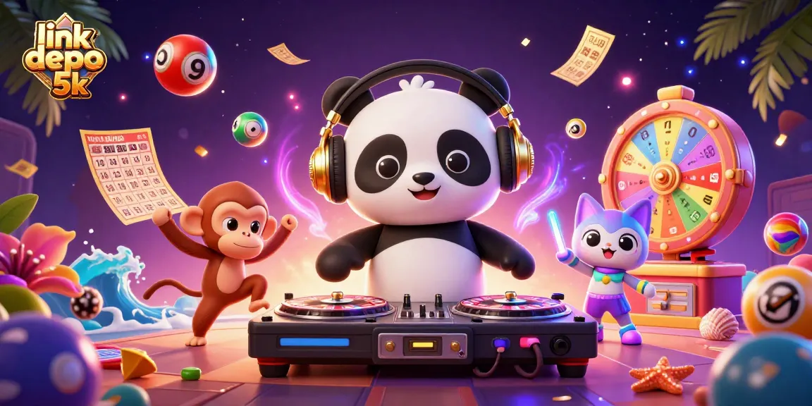 Engage with link depo 5k through a vibrant 3D illustration featuring a DJ panda, dancing monkey, and rave kitten amidst vivid casino elements.