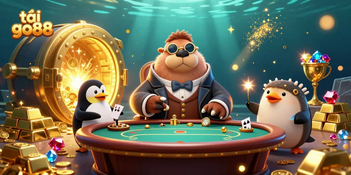 Play to tải go88 with a jolly walrus at an underwater poker scene packed with gems and gold.