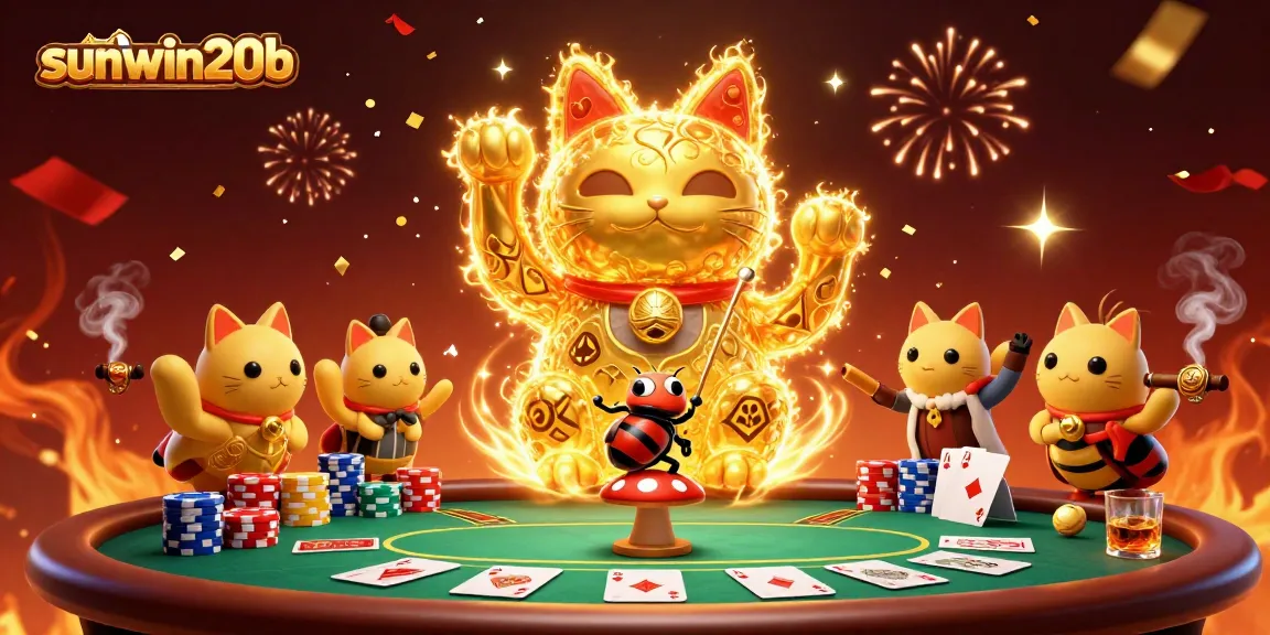 Experience the vibrant world of gaming with sunwin20b, featuring a golden lucky cat and casino elements.
